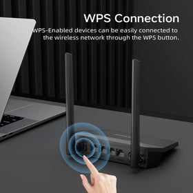 DBIT N300 WPA2-PSK security ensures protected home Wi‑Fi network.