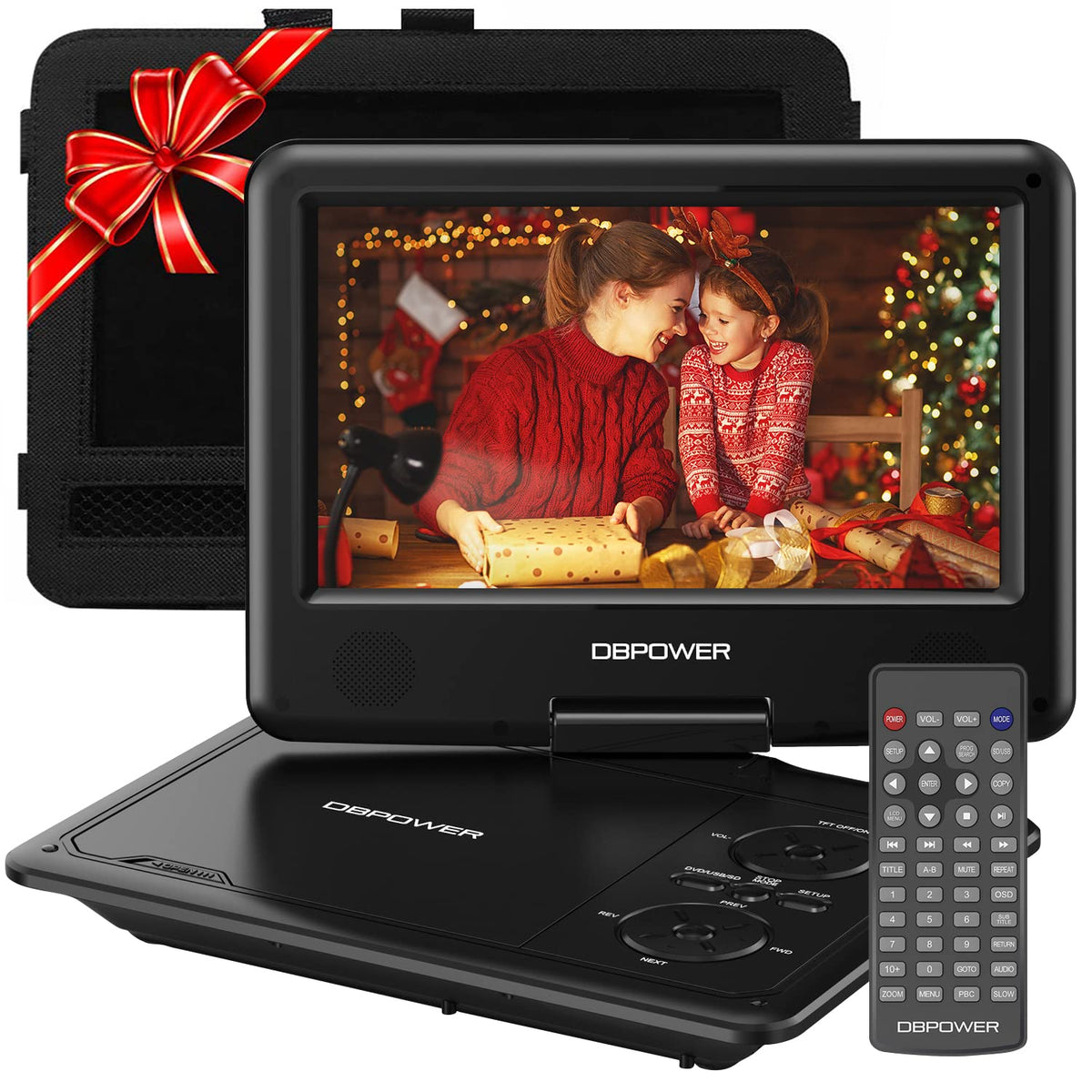 DBPOWER front view showing portable DVD player and benefits of compact travel entertainment