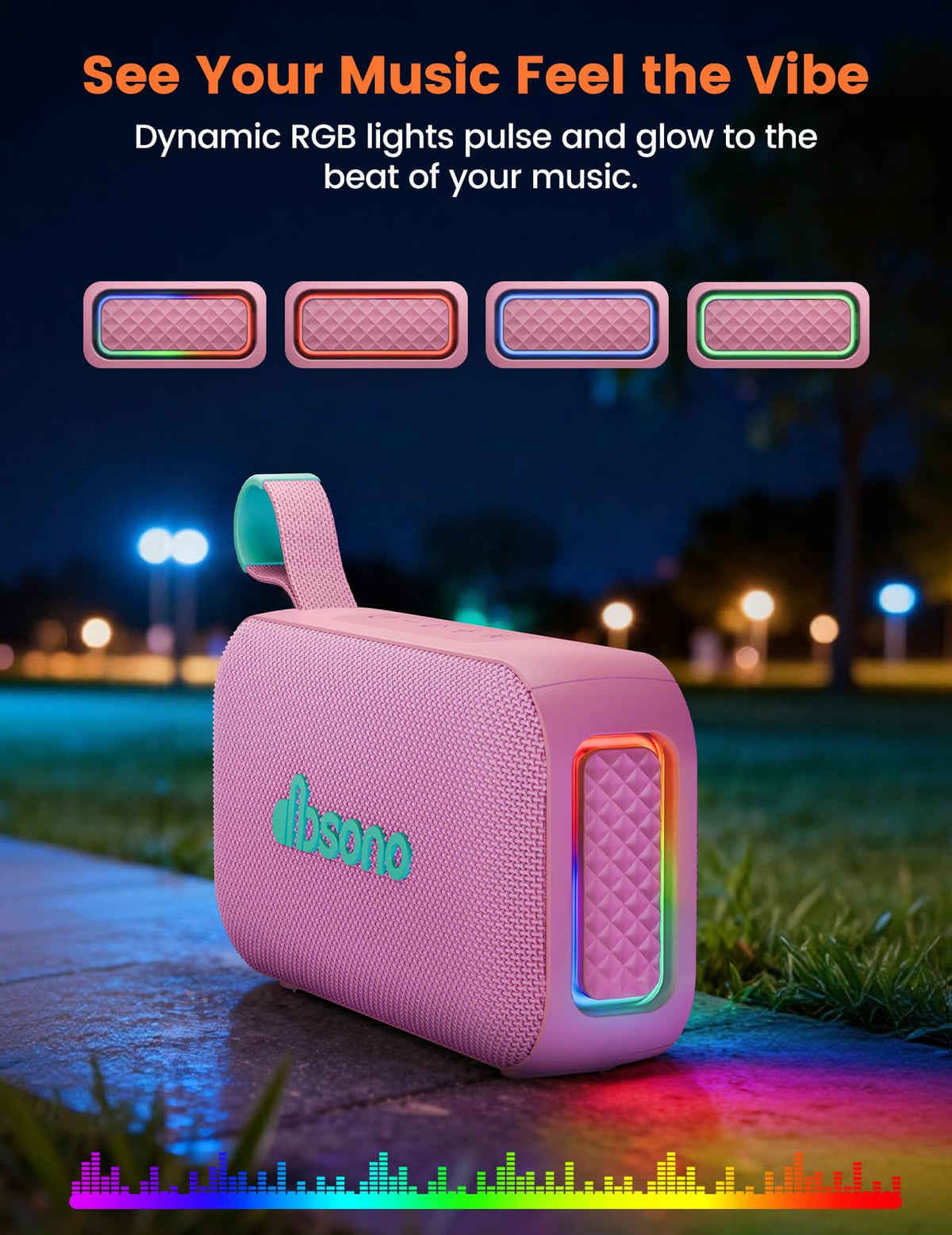 Dbsono pink speaker displays 30 hours of playtime for long trips.