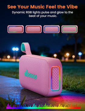 Dbsono pink speaker displays 30 hours of playtime for long trips.