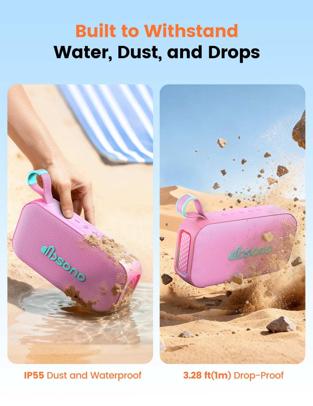 Dbsono pink speaker shown in true wireless stereo pairing setup.