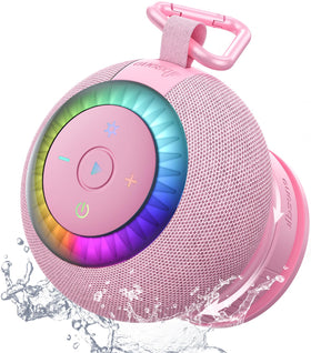 dbsono front view showing pink speaker and benefits of portability