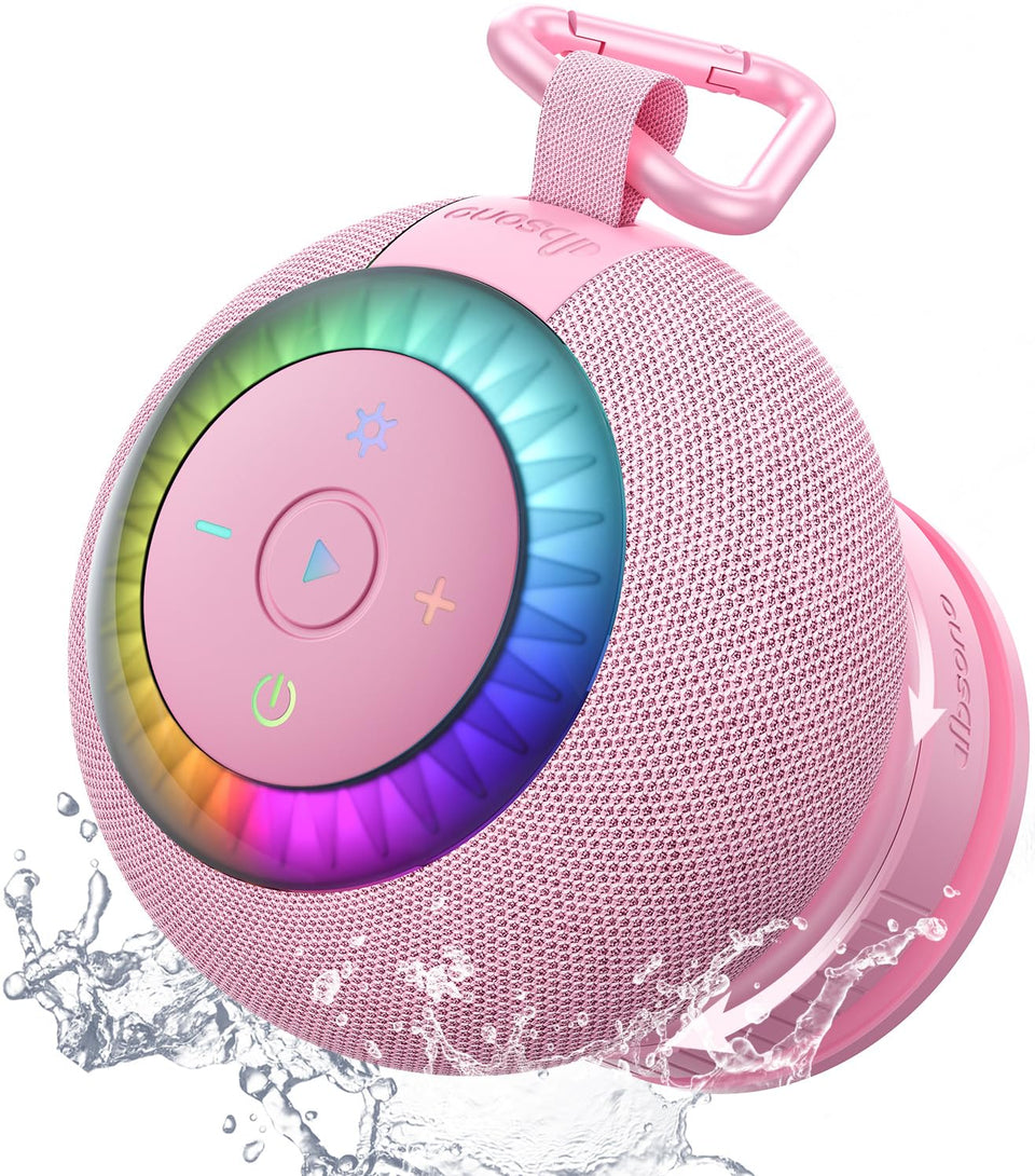 dbsono front view showing pink speaker and benefits of portability