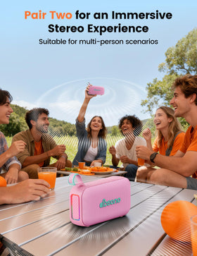 Dbsono pink speaker highlights IPX5 water resistance for rain scenes.