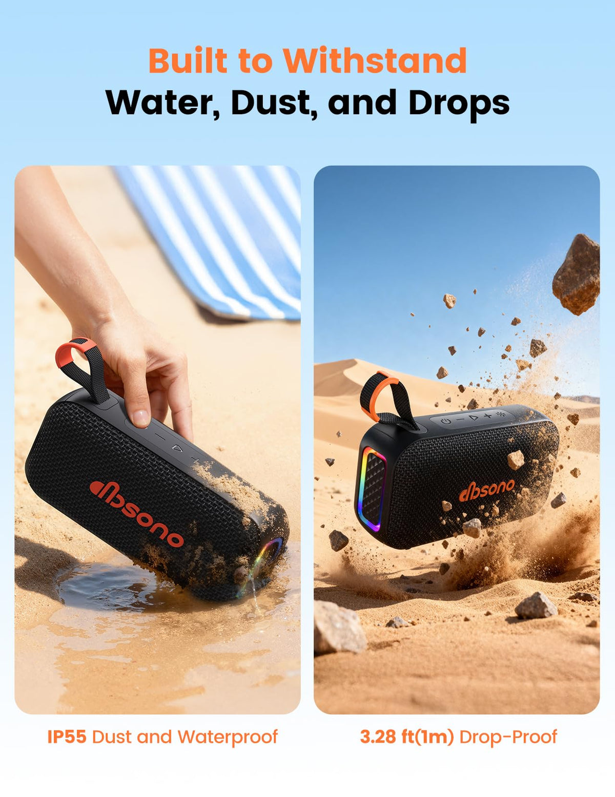 dbsono on beach showing portability and splash-resistant benefit