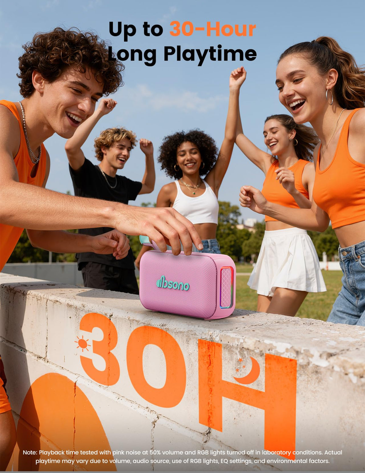 Dbsono pink speaker with RGB lightshow, ideal for party ambience.