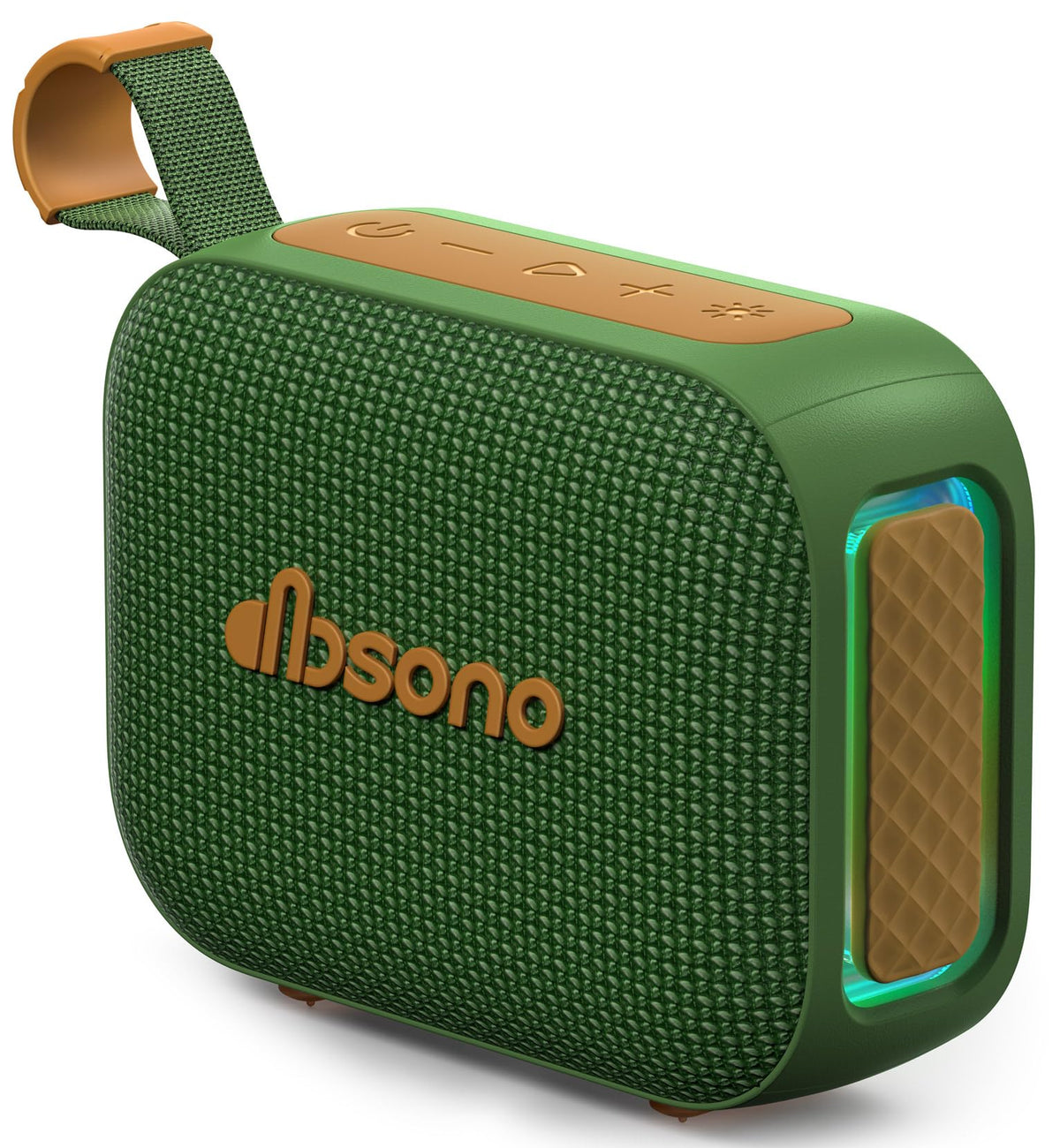 dbsono portable Bluetooth speaker in dark green, IPX5 waterproof for outdoor use.