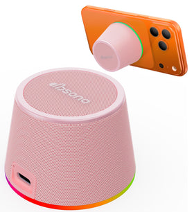 dbsono small portable Bluetooth speaker on back of phone as kickstand for hands-free viewing
