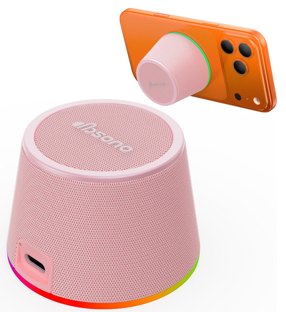 dbsono small portable Bluetooth speaker on back of phone as kickstand for hands-free viewing