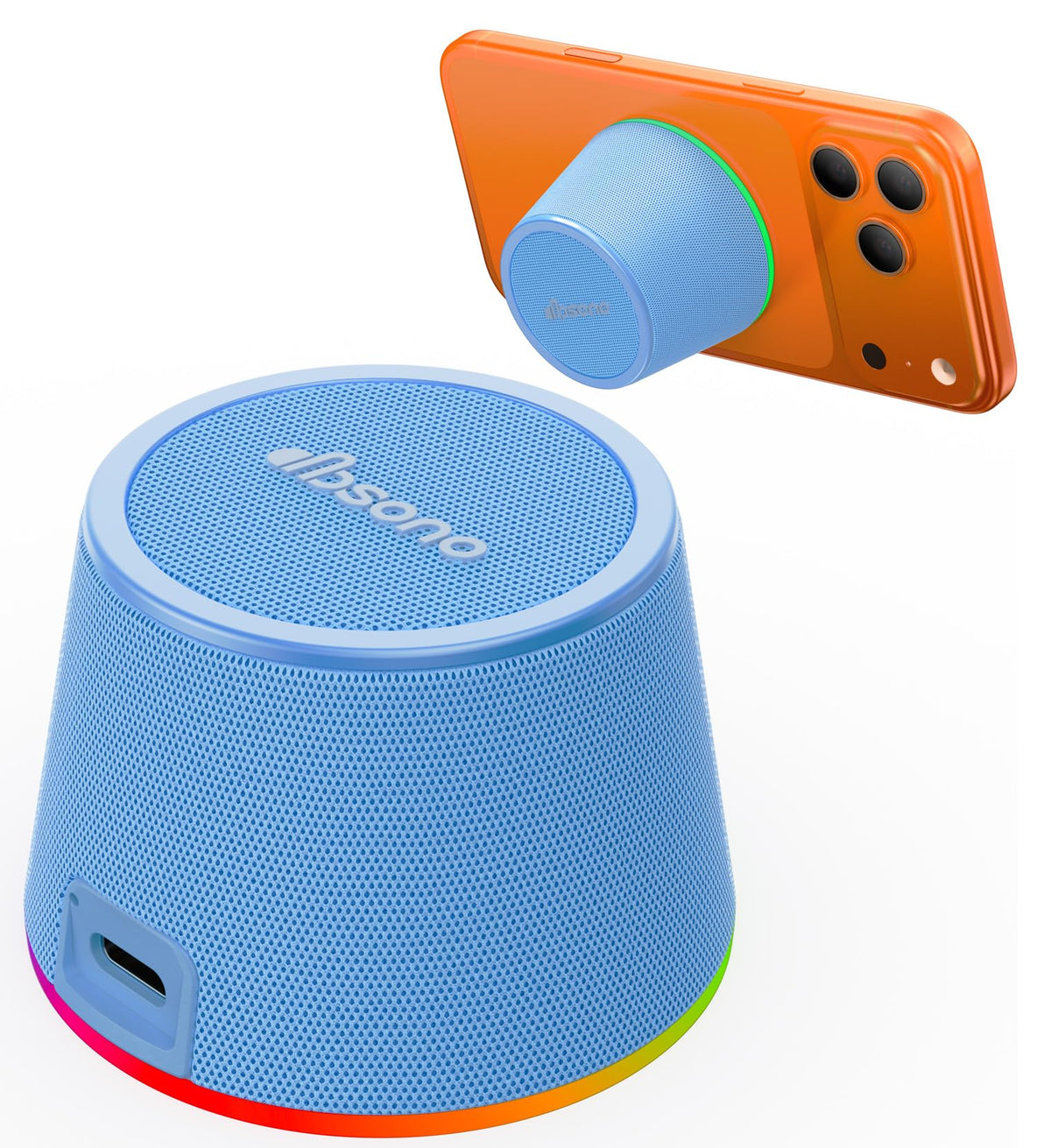 dbsono small portable Bluetooth speaker with back stand for hands-free viewing.