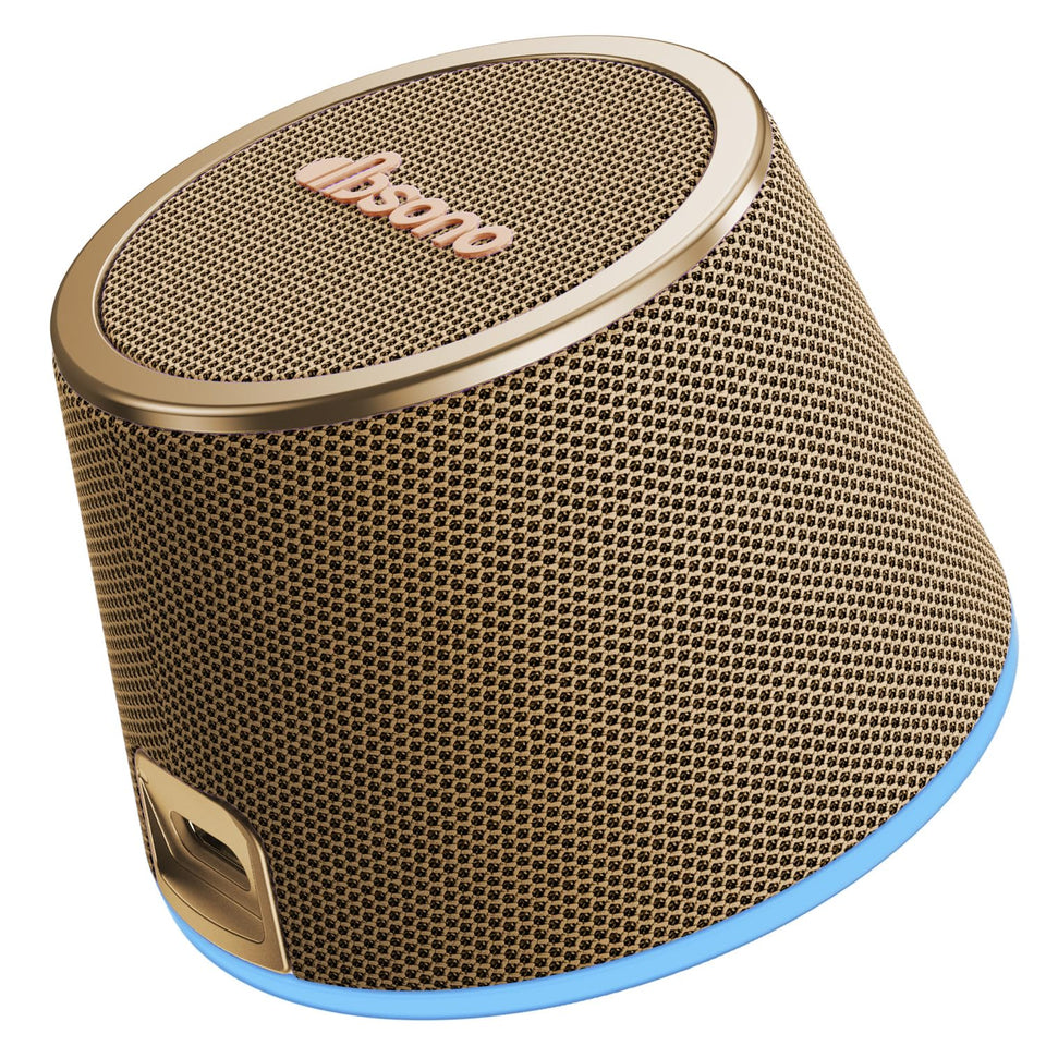 dbsono small portable speaker with phone stand and 9 color lights for hands-free viewing.