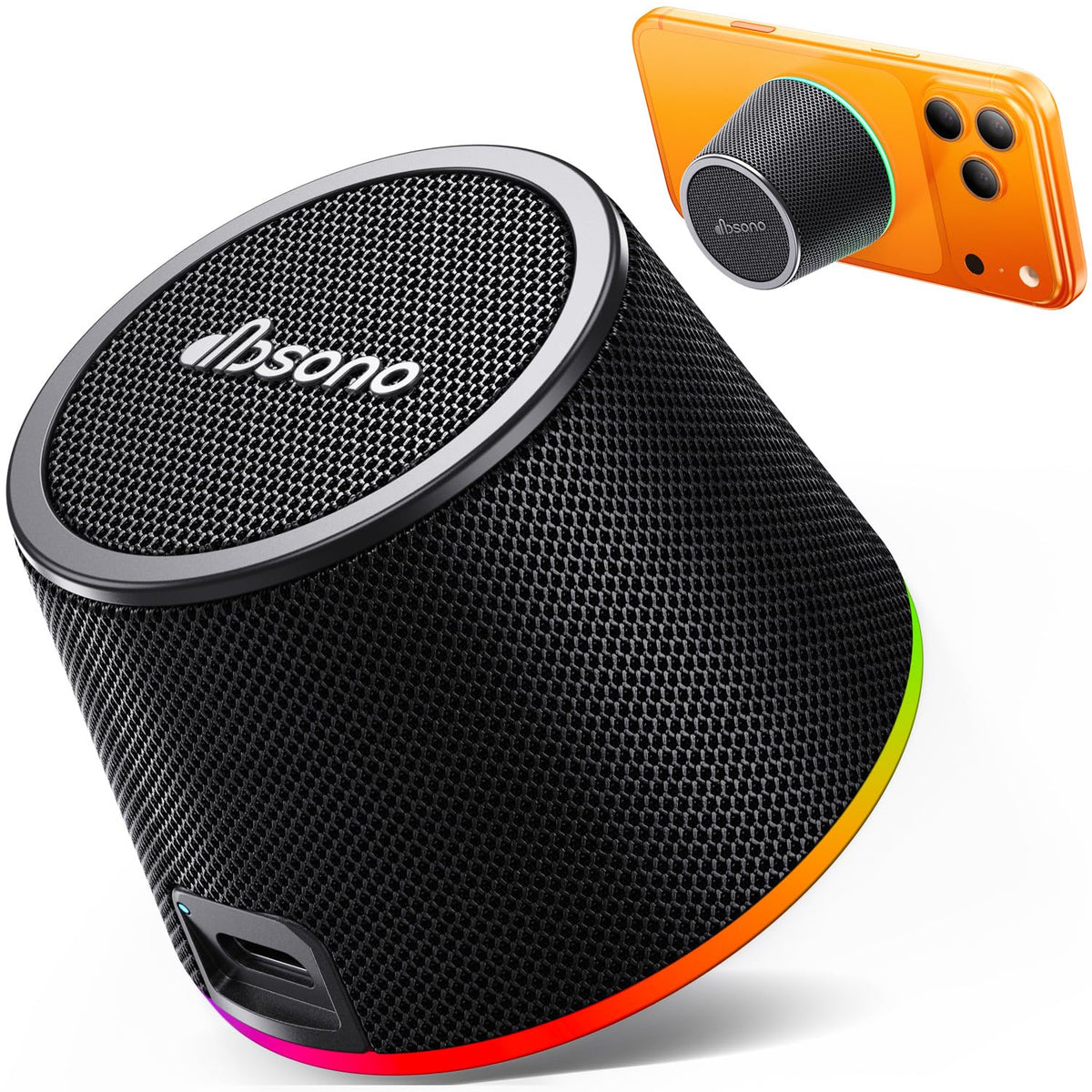 dbsono portable speaker with 9-color lights and kickstand in action
