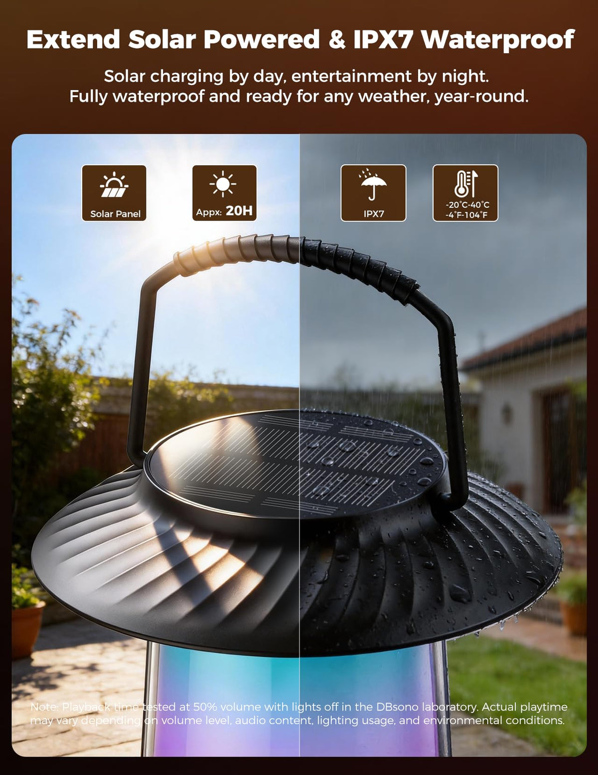 dbsono solar+USB-C charging supports all-day outdoor use and quick recharging.