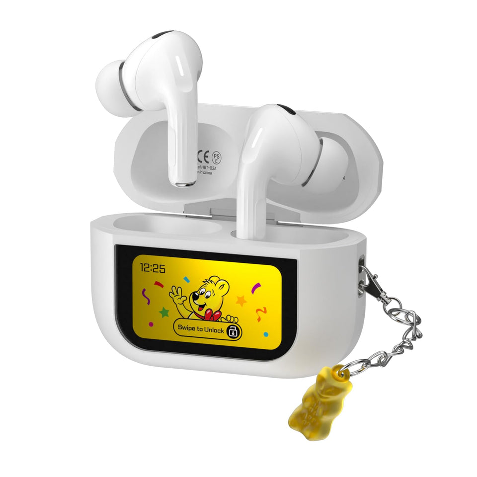 DCHK Haribo earbuds with LCD case front view showing battery status at a glance