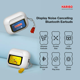 DCHK Haribo earbuds LCD display closeup highlighting real-time power readout