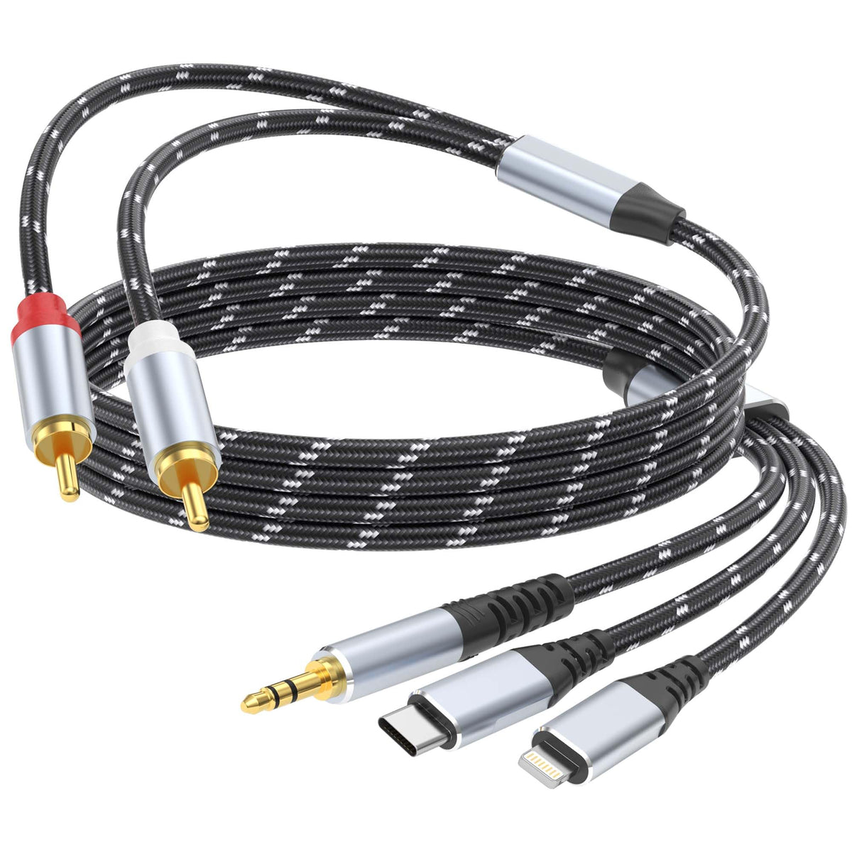 DCNETWORK 3-in-1 audio cable showing nylon-braided exterior for durability and easy handling