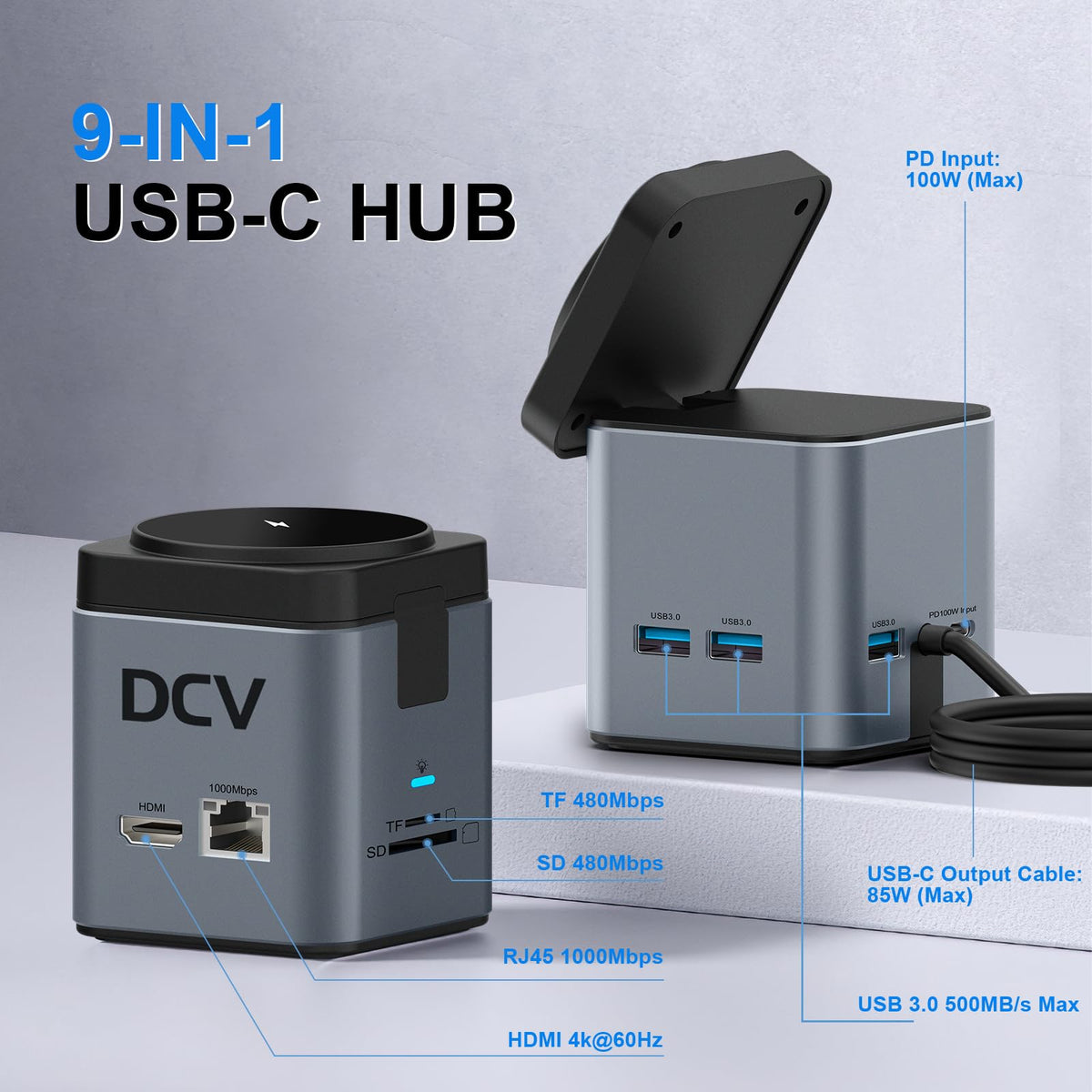 DCV dock PD 100W for laptop charging via power delivery while connected.
