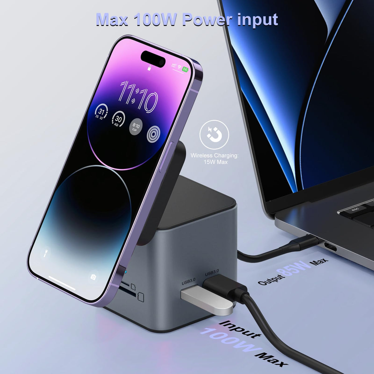 DCV dock wireless charging 15W keeps devices powered while you work.