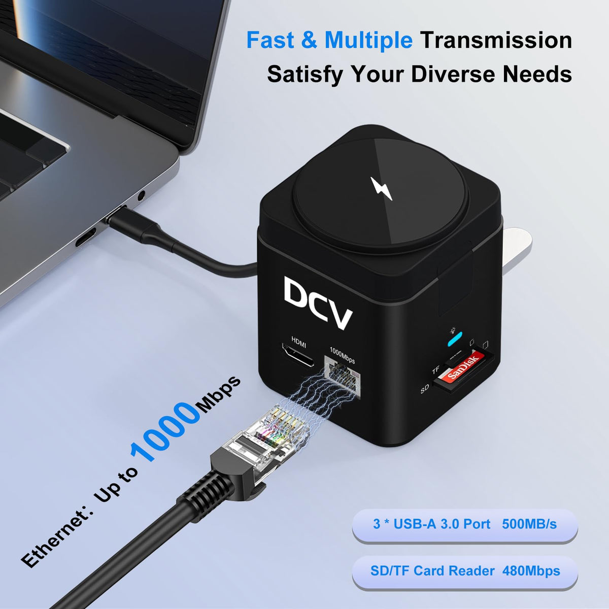 DCV SD/TF card reader enabling quick media transfer to laptop