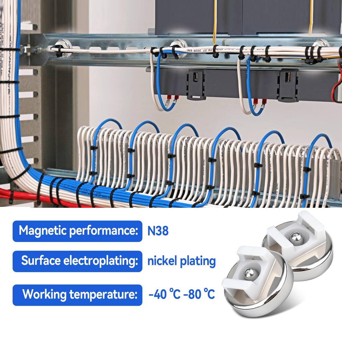 DCVBNY magnetic base on metal surface holding bundled cords.