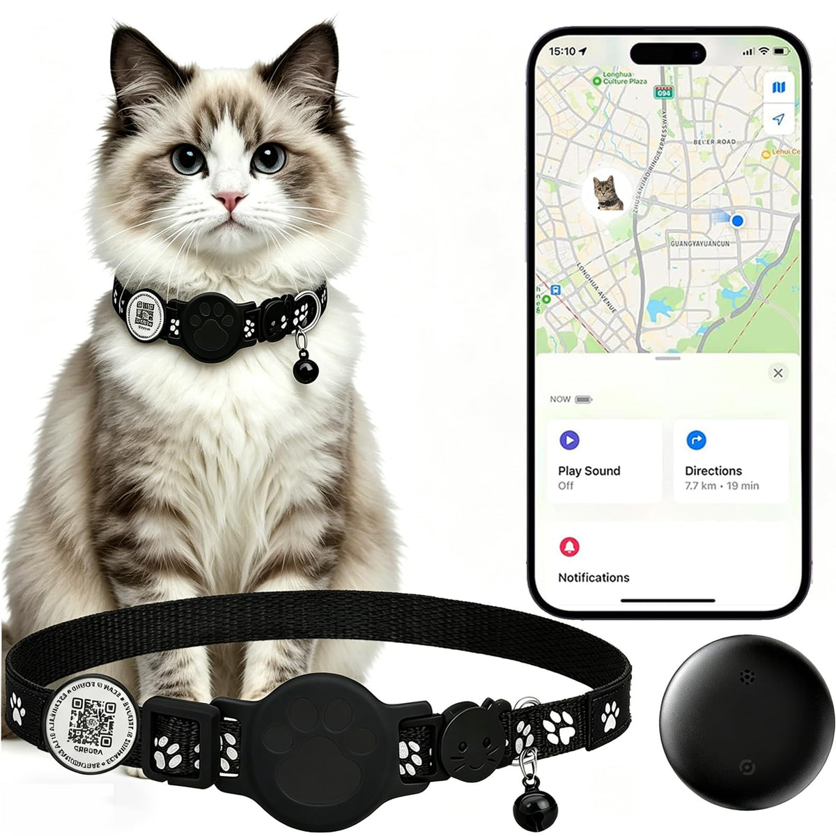 DCZSDJT front view of smart collar showing compact tracker, clear for quick identification and safety