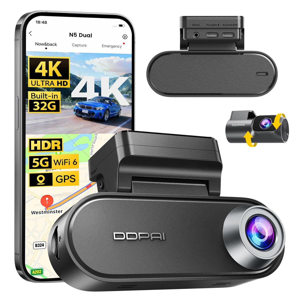 ddpai N5 Dual front unit showing compact design and clear 4K capture