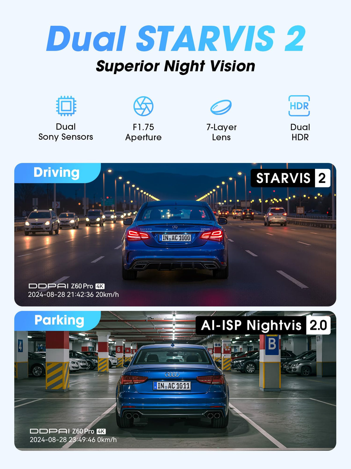 DDPAI Z60 Pro 60fps front mode for smooth high-speed recording