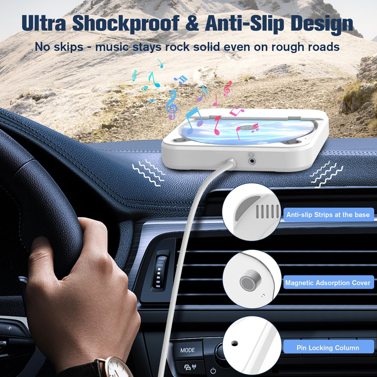 DDup anti-skip feet stabilize playback on bumpy roads for uninterrupted listening.