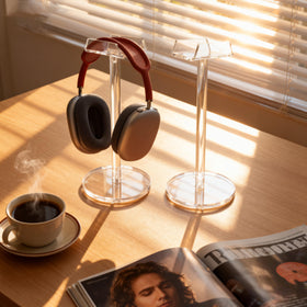 Dealpoli acrylic desk stand in-use with gaming headset for easy access.