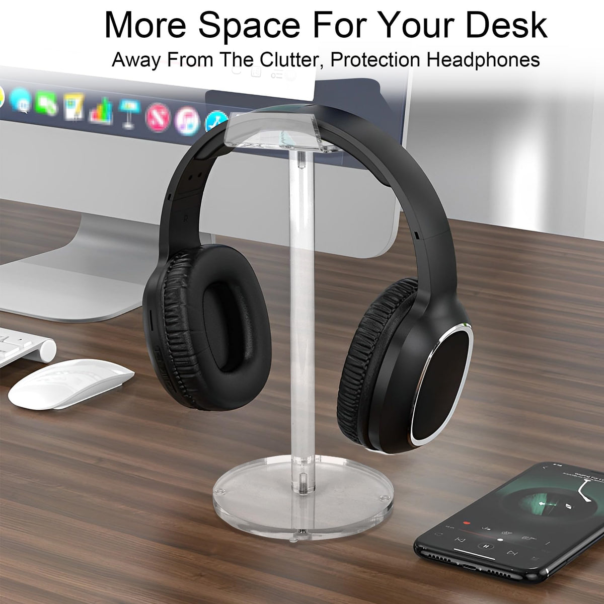 Dealpoli acrylic desktop headphone stand side view highlights long hanger.