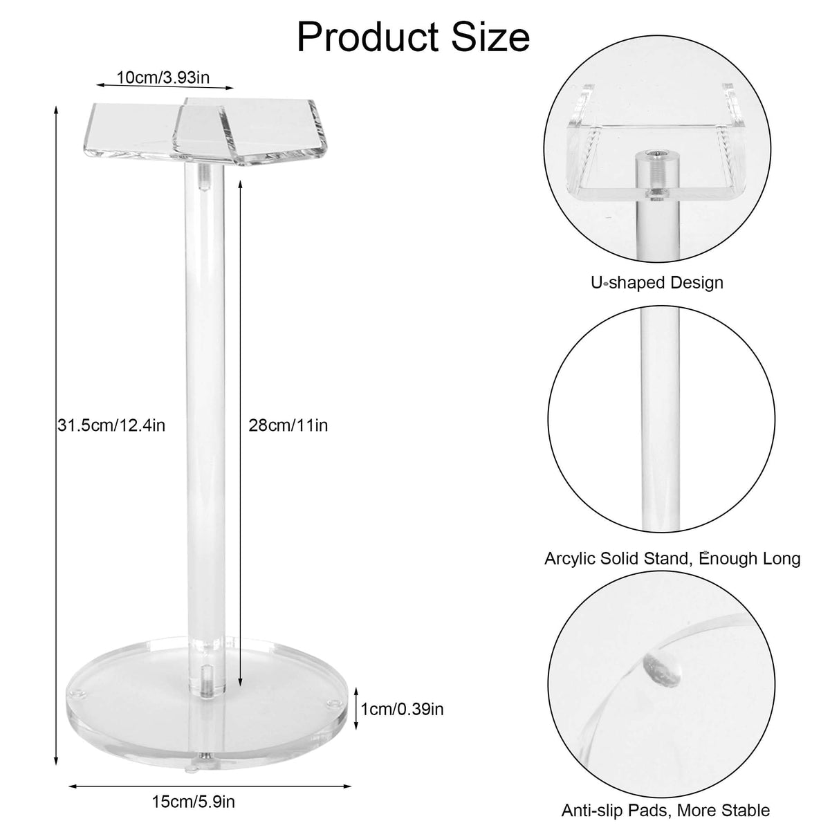 Dealpoli acrylic desktop headphone stand side view showing sturdy base and desk protection.