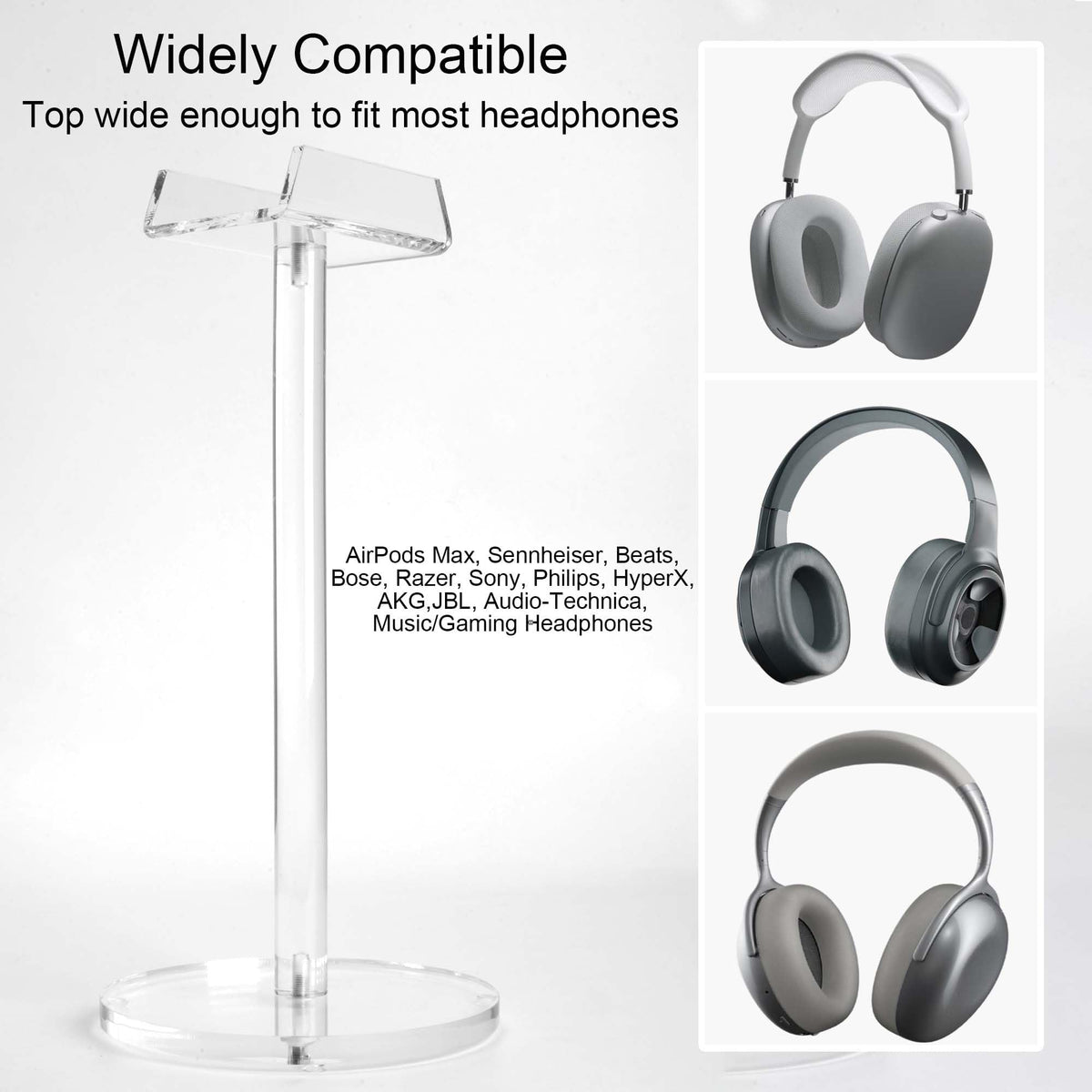 Dealpoli acrylic headphone stand base close-up highlights non-slip pads protecting surfaces.