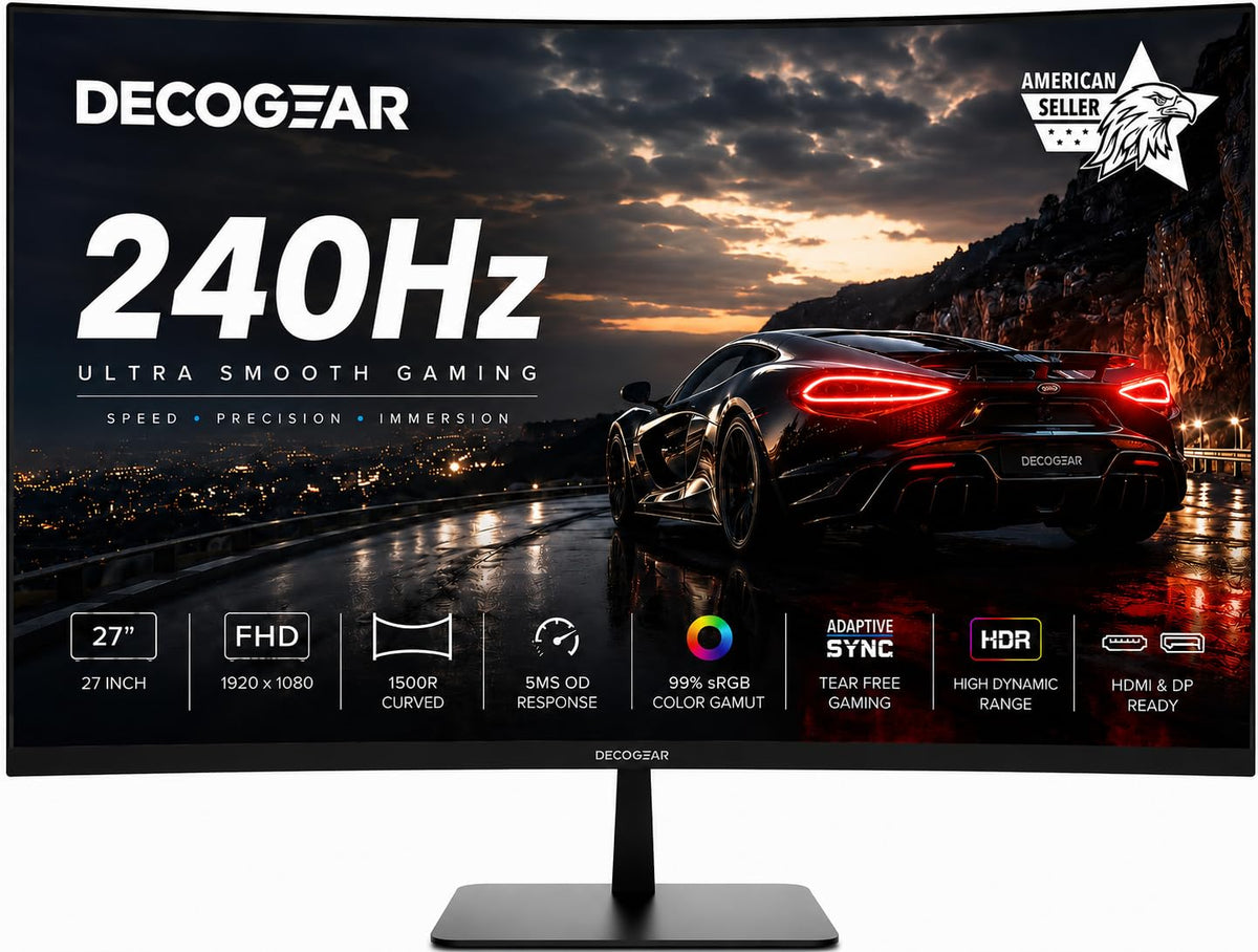 Deco Gear 27-inch monitor front view, sharp motion for fast-paced gaming