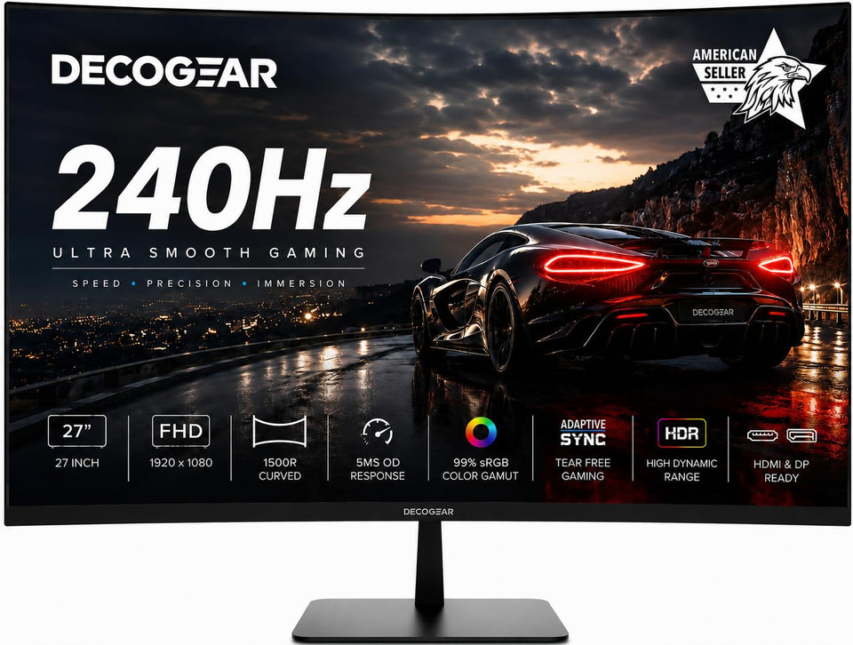 Deco Gear 27-inch monitor front view, sharp motion for fast-paced gaming