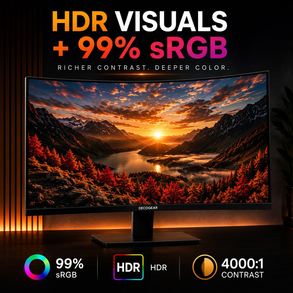 Deco Gear 27-inch monitor side angle highlights a slim, compact profile