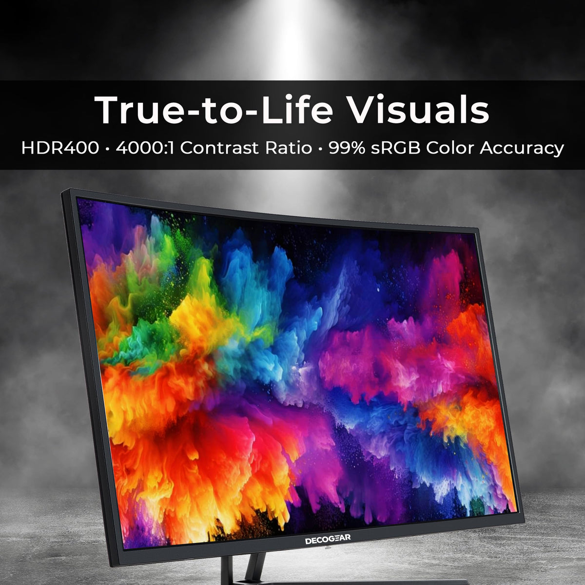Deco Gear 39-inch curved monitor HDR400 enhances contrast and color depth.
