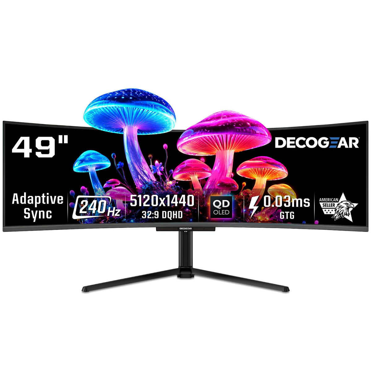 Deco Gear 49-inch QD-OLED curved monitor front view for immersive ultrawide setup.