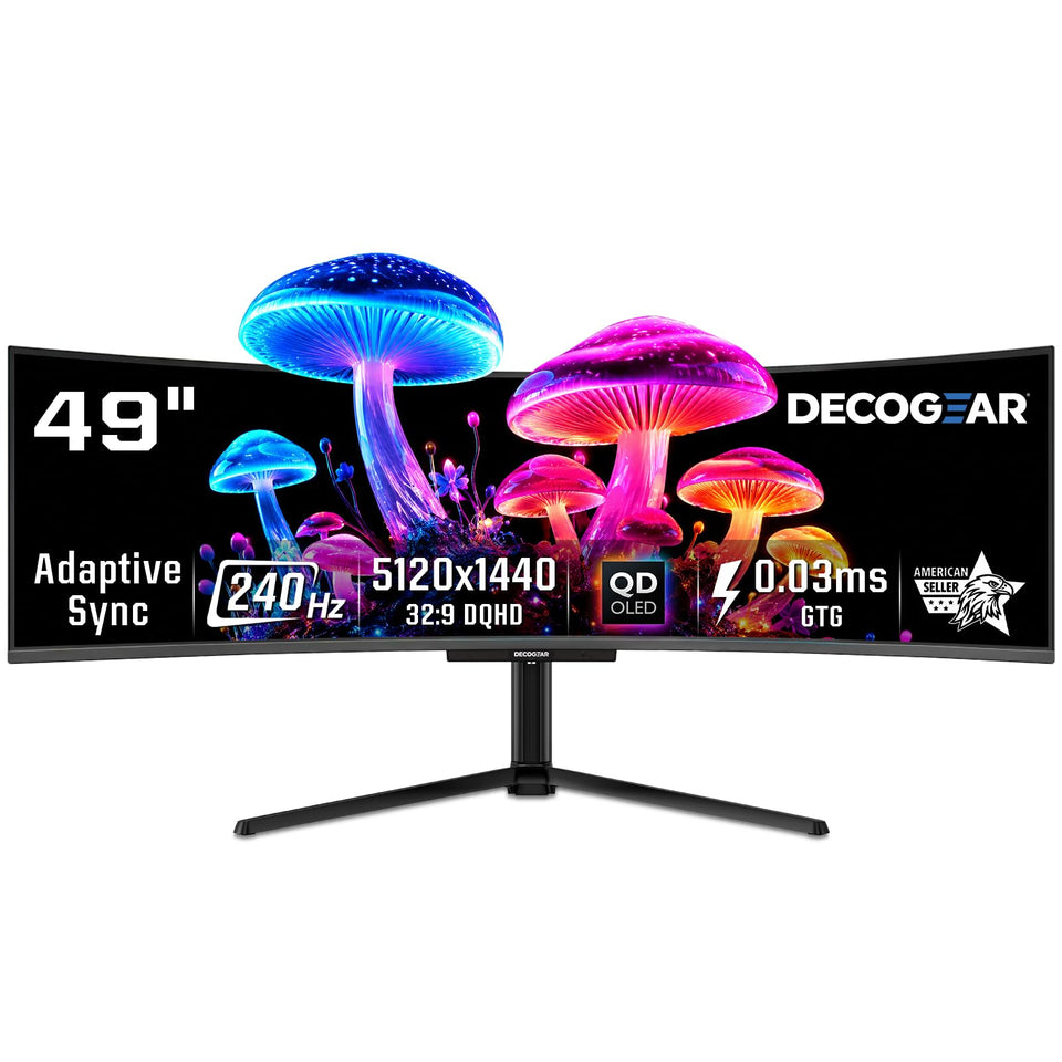Deco Gear 49-inch QD-OLED curved monitor front view for immersive ultrawide setup.