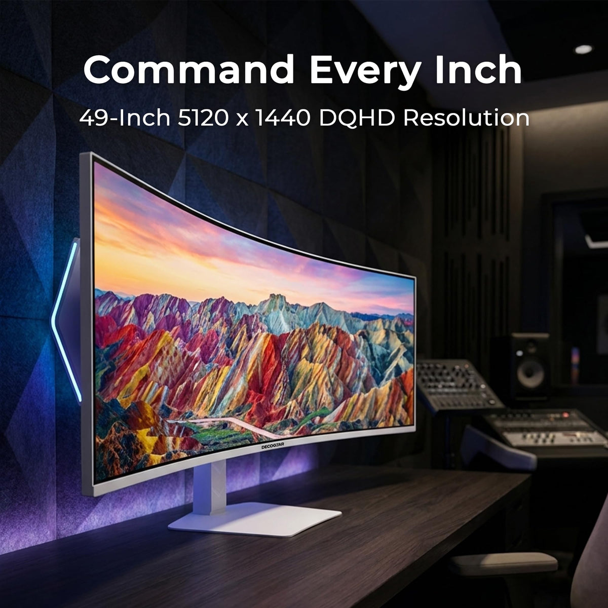 Deco Gear 49-inch curved ultrawide monitor desktop setup showing expansive workspace.