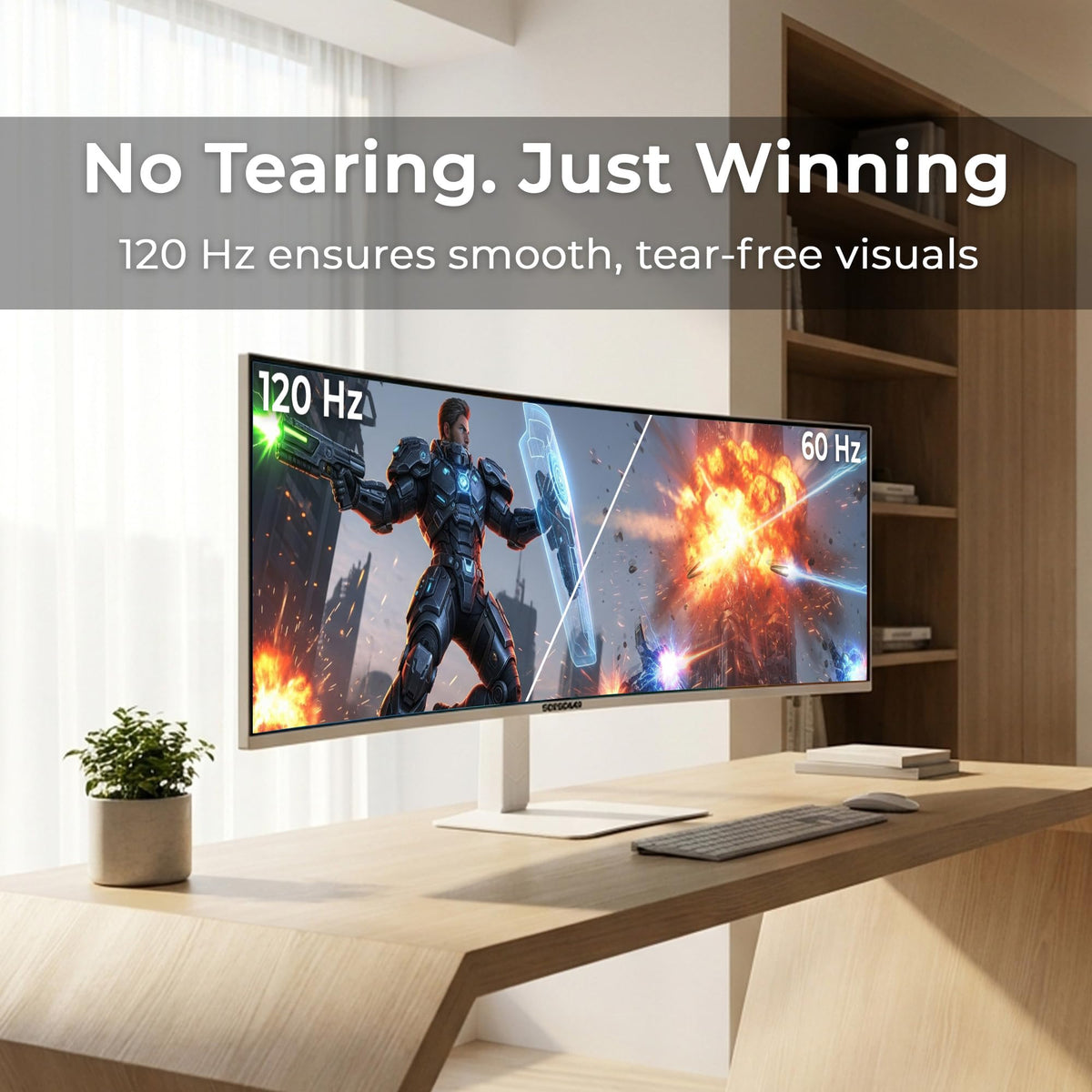Deco Gear 49-inch curved ultrawide monitor ergonomic stand adjusted for comfort.