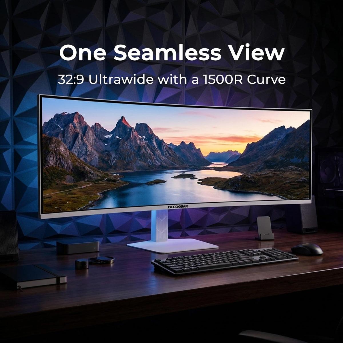 Deco Gear 49-inch curved ultrawide monitor USB-C port enabling single cable power and data transfer.
