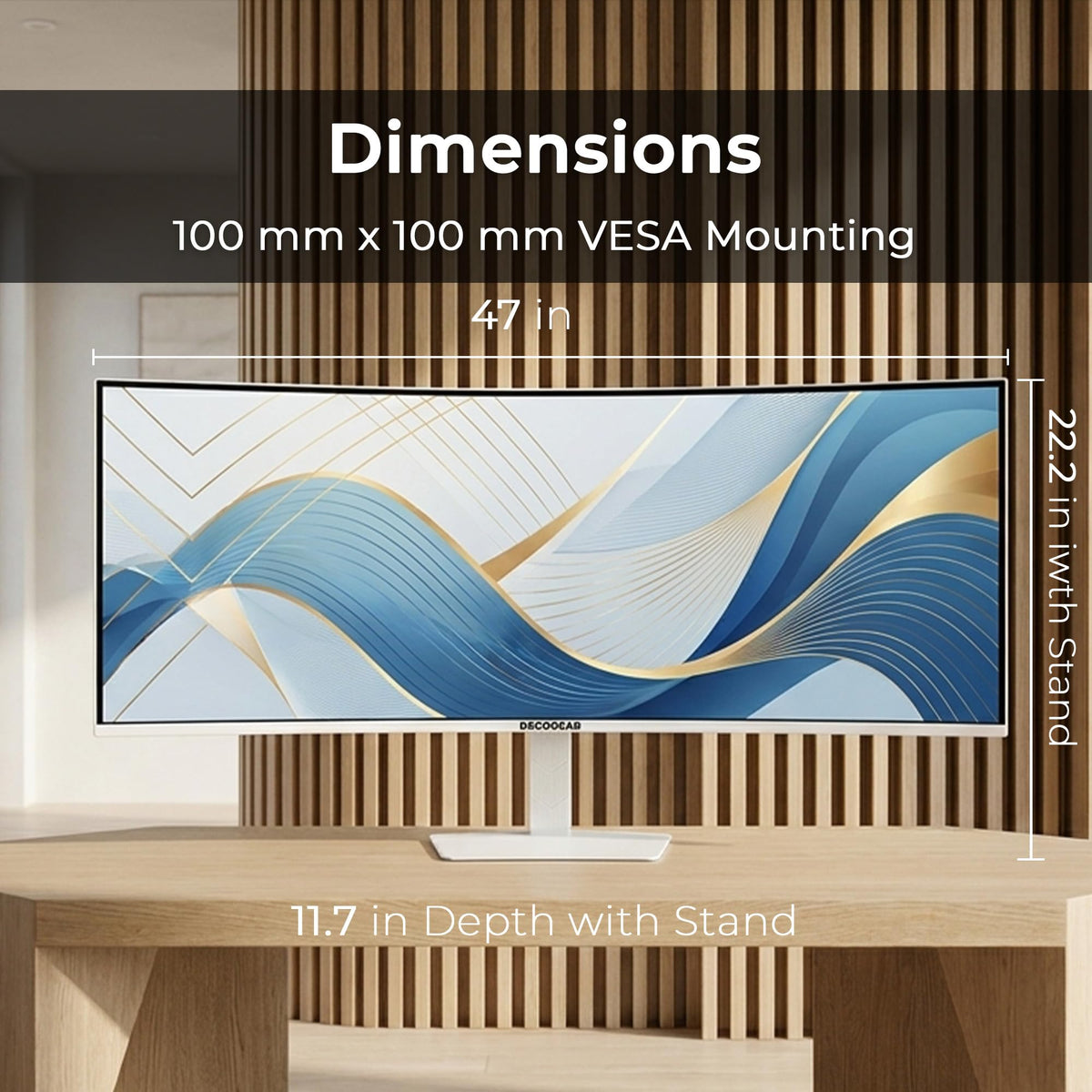 Deco Gear 49-inch curved ultrawide monitor white edition in a modern home office.