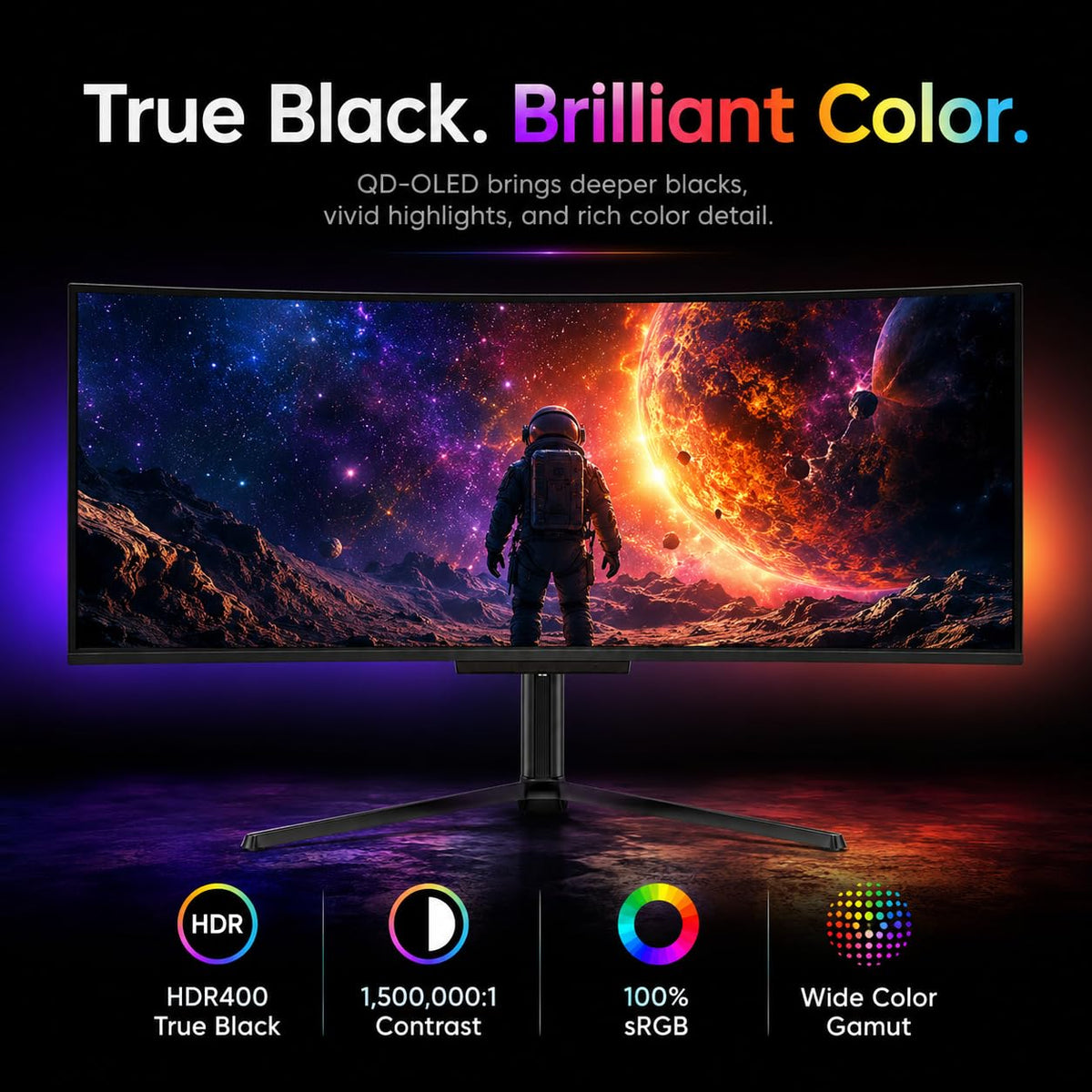 QD-OLED true blacks and rich colors on Deco Gear monitor detail.