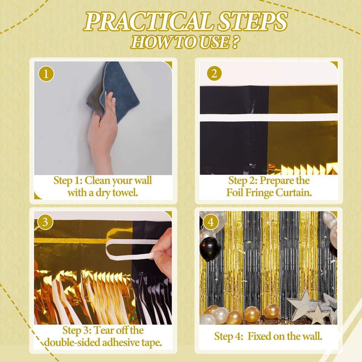 DECOCKRAT foil fringe curtain close-up shows shiny tinsel catching light beautifully.