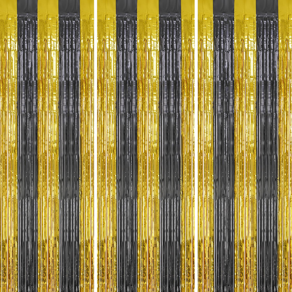 DECOCKRAT foil fringe curtains in black and gold create a glamorous backdrop for celebrations.