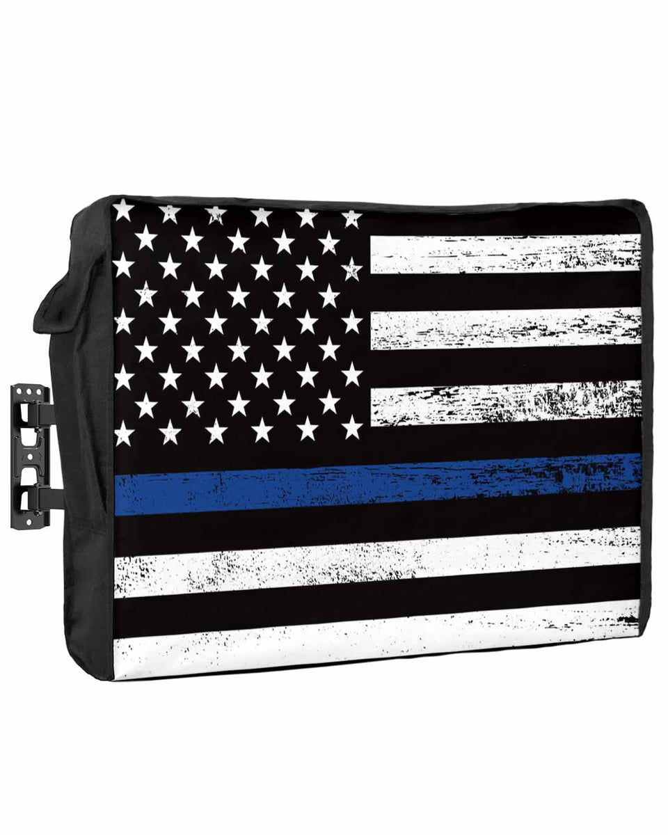 DecorLovee front view showing blue vintage flag design protects outdoor TV