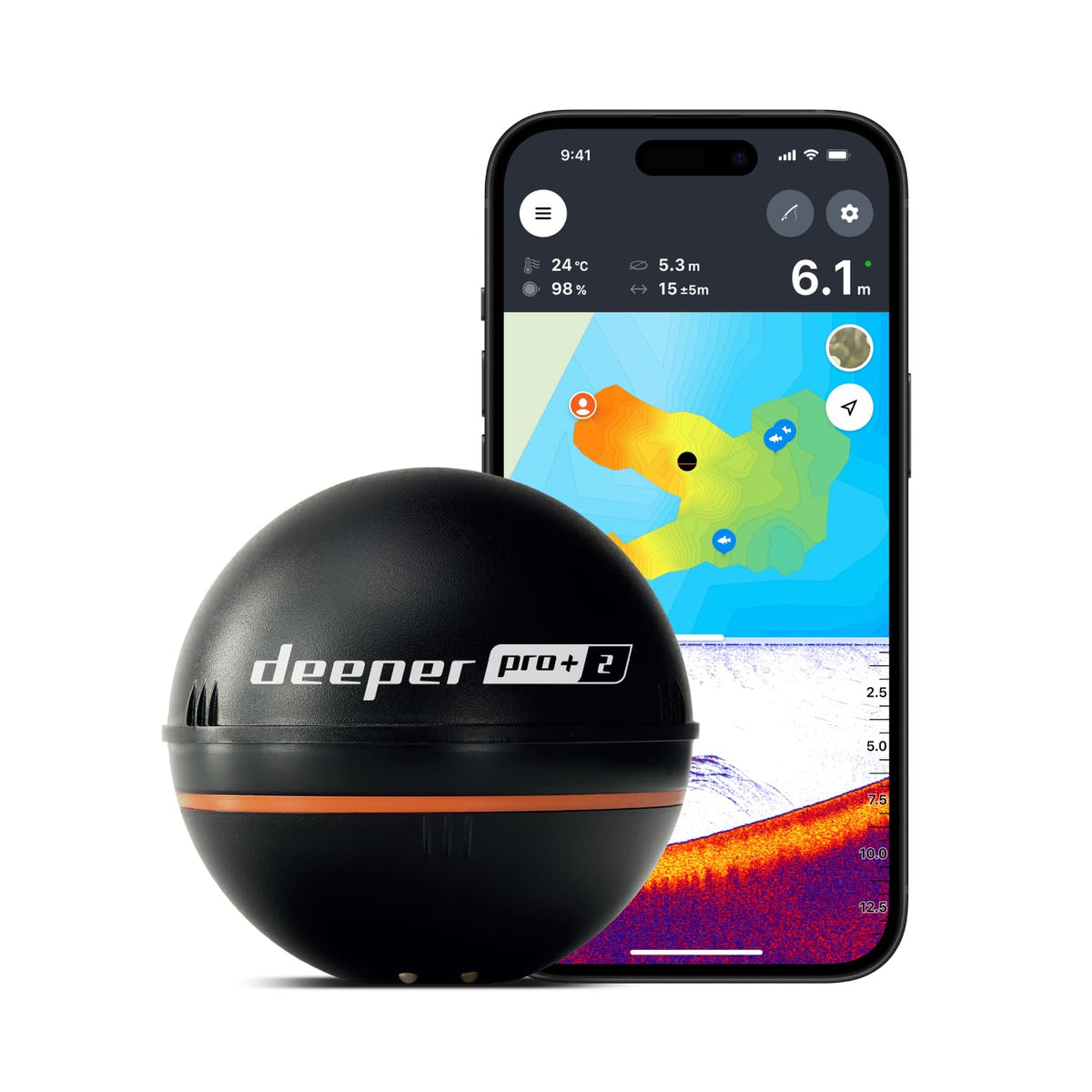 Deeper PRO+ 2 castable sonar on a kayak for precise depth readings.