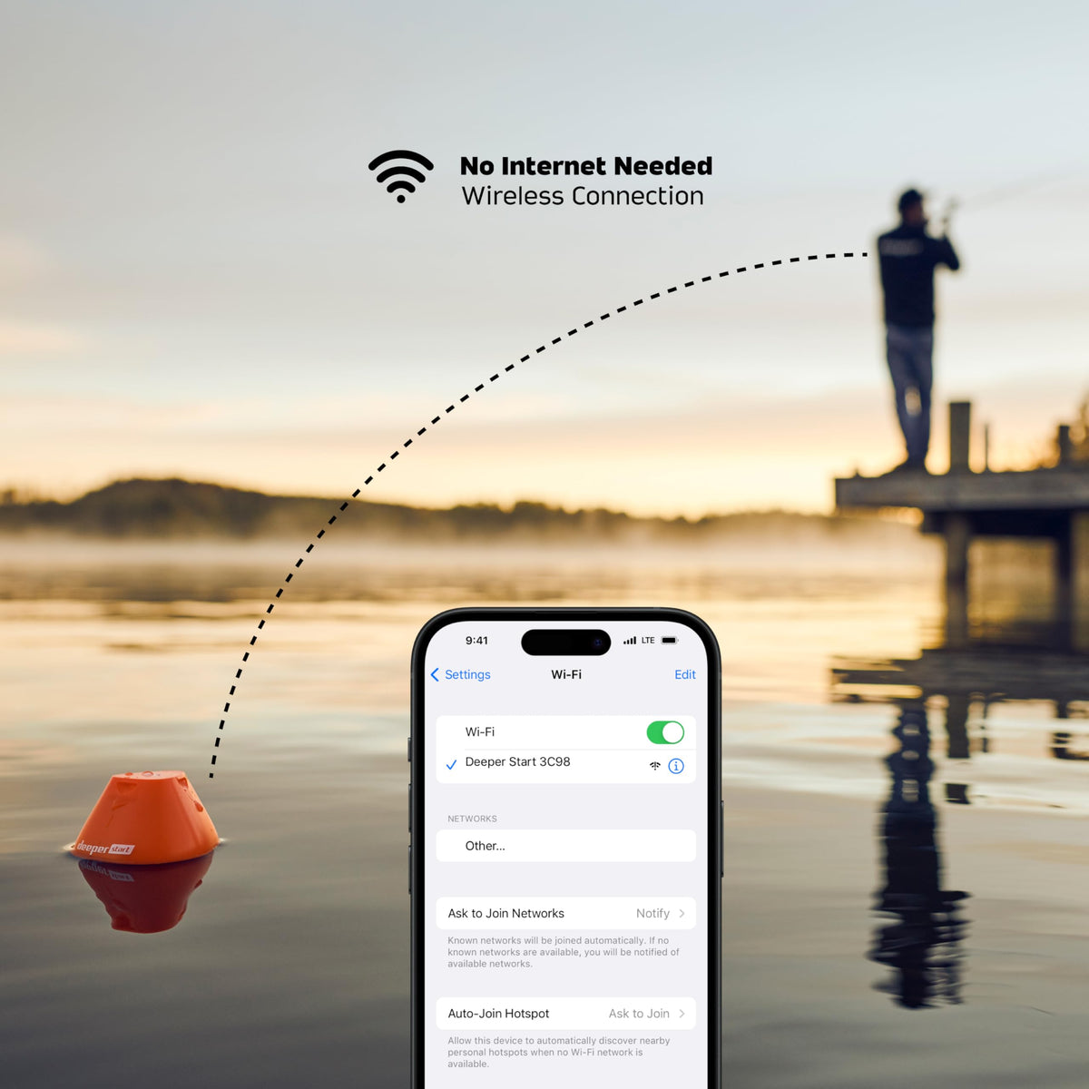 App connection with Deeper Start displays live data and saved scans.