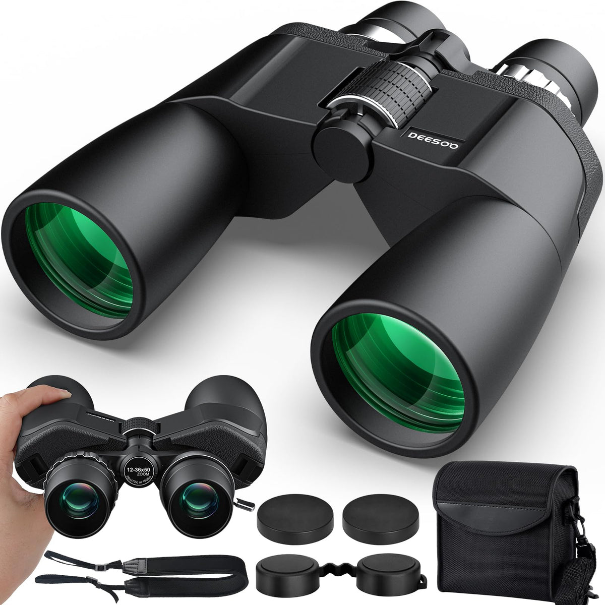 Deesoo 12-36x50 HD binoculars offer versatile zoom for birding and nature viewing.