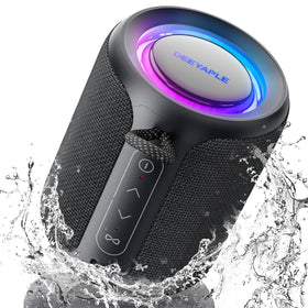 Deeyaple Bluetooth speaker front view showing compact portable design and 15W sound.